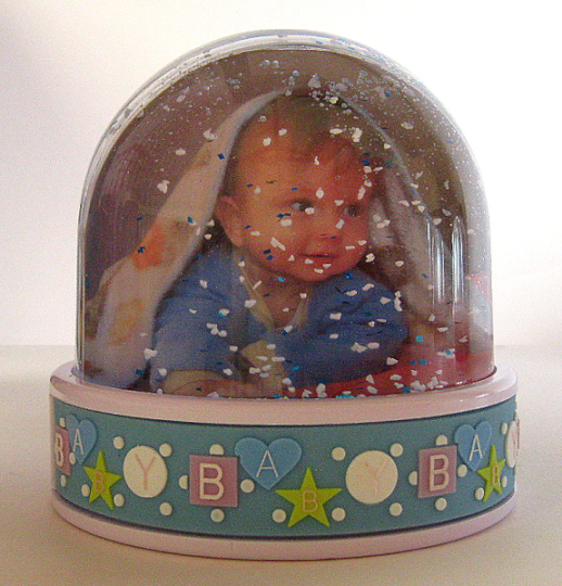 Baby boy photo globe with blue and white snow