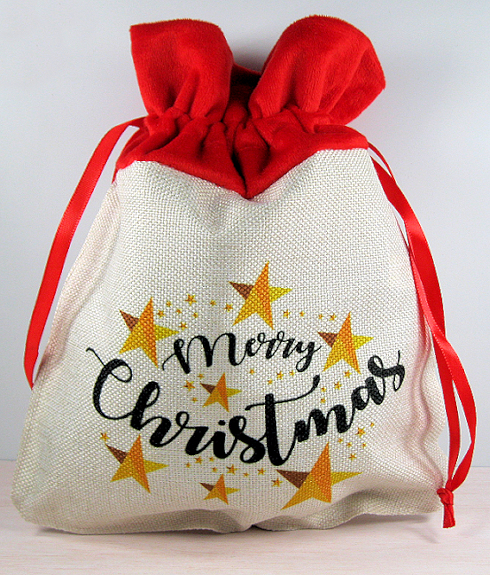 100% polyester linen style bag with red drawstring top