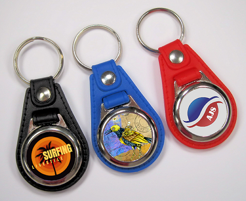 Leather style fob keyring 25mm round 