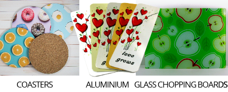 SubliJet coasters, aluminium and glass chopping boards