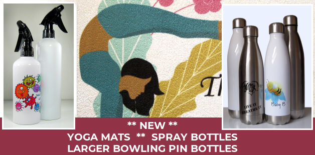 New yoga mats, spray bottles and larger bowling pin bottles
