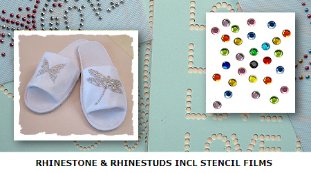 Rhinestones and rhinestuds, stencil tape, acrylic tape, premade rhinestone designs